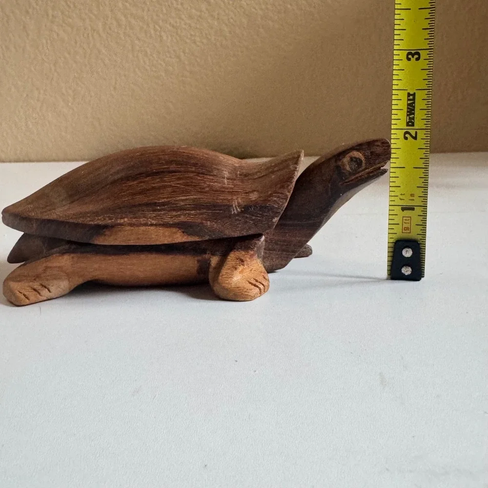 Hand Carved Wooden Turtle Trinket Box Hinged Shell Figurine Storage Brown Wood